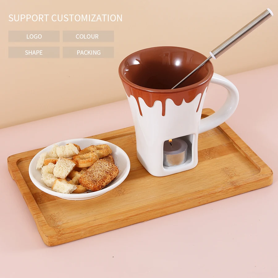 Mug Fondue Au Chocolat En Céramique Avec Fourche - Pour Fondue, Beurre Chaud - Blanc