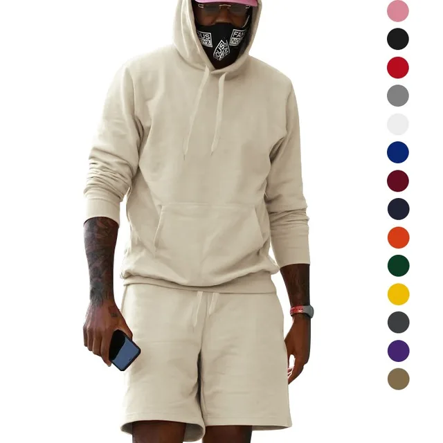 New Loose Solid Color Leisure Sports Men' Tracksuit Men's Velvet Hooded Sweatshirt Shorts Fleece Two-piece Set