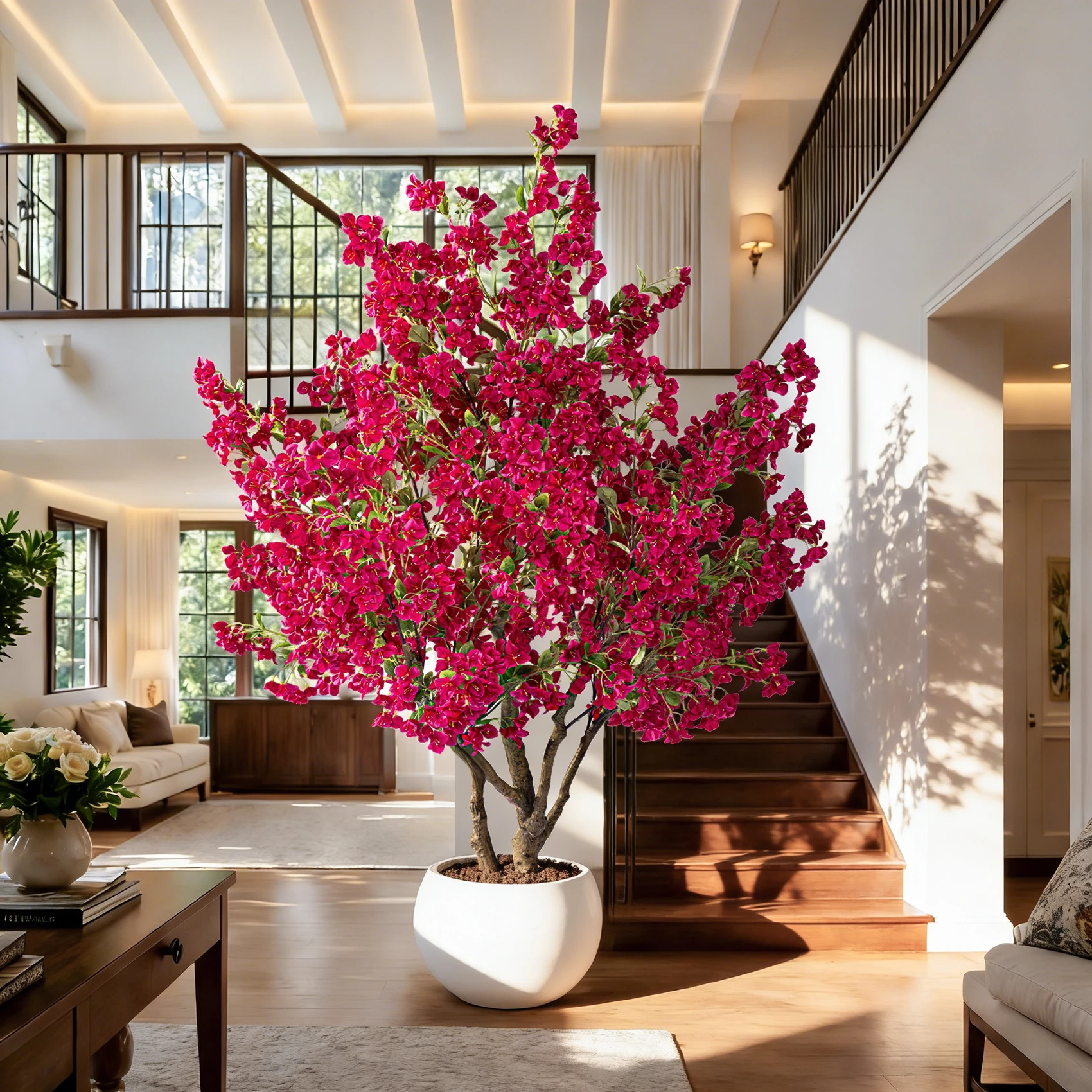 עץ בוגוונוויליה מלאכותי ריאלי – עץ פרחוני דמוי חיים ועמיד בדליון לבן, לדיור, חתונות ודקורציה