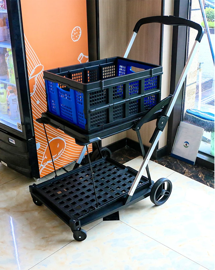Double Decker Foldable Cart Portable Market Folding Trolley Collapsible Shopping Cart With Storage Crate