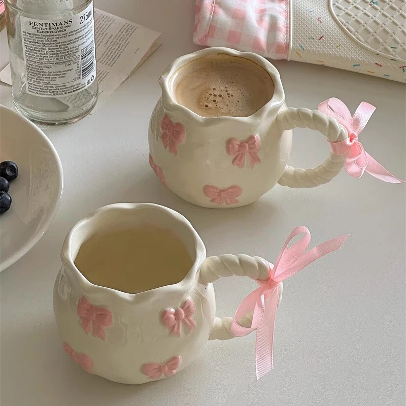 Factory Directly Sell Ins Cute Embossed pink Bow Ceramic Coffee Cup Girl Heart Princess Gift Mug