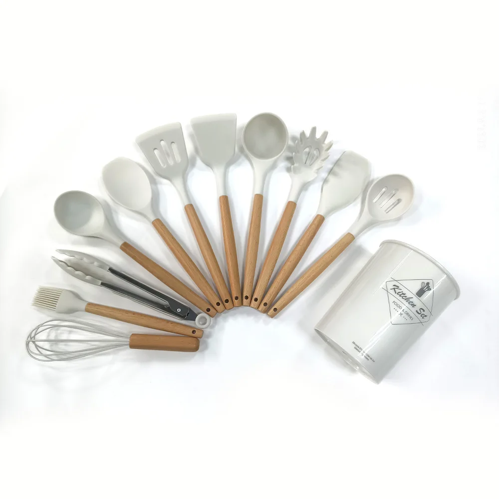 Hot Sale 11Pcs Cute Non Toxic Food Grade Wooden Handle Kitchen Utensils Gadgets Tools Set Silicone Cookware Cooking Utensils Set