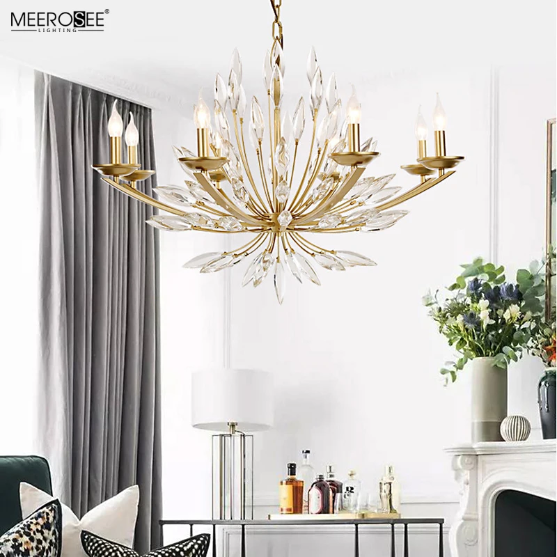 Meerosee Garden Lights K9 Crystal Copper Chandelier Lamparas Modern Hanging Light Brass Rattan Lamp for Cafe/Hotel MD86803