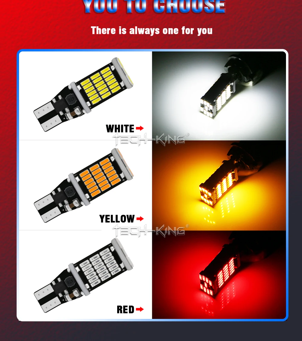 TECH-KING Auto and Motorcycle High Power T15 12v-24v Led Light W16W 4014 45smd Led T15 Yellow White Red SX279 Reversing Lights