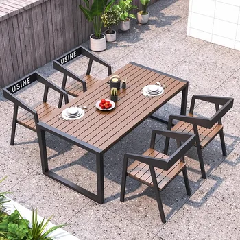 Modern Commercial Outdoor Furniture Metal & Wood Plastic Chair Table Combination for Hotels B&B Milk Tea Shops