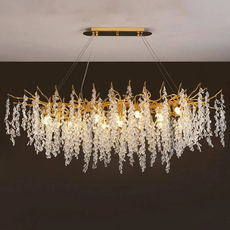 New Tree Branch Oval Crystal Design Decorative Hotel Restaurant Hanging Pendant Light Creative Aluminum Led Chandelier