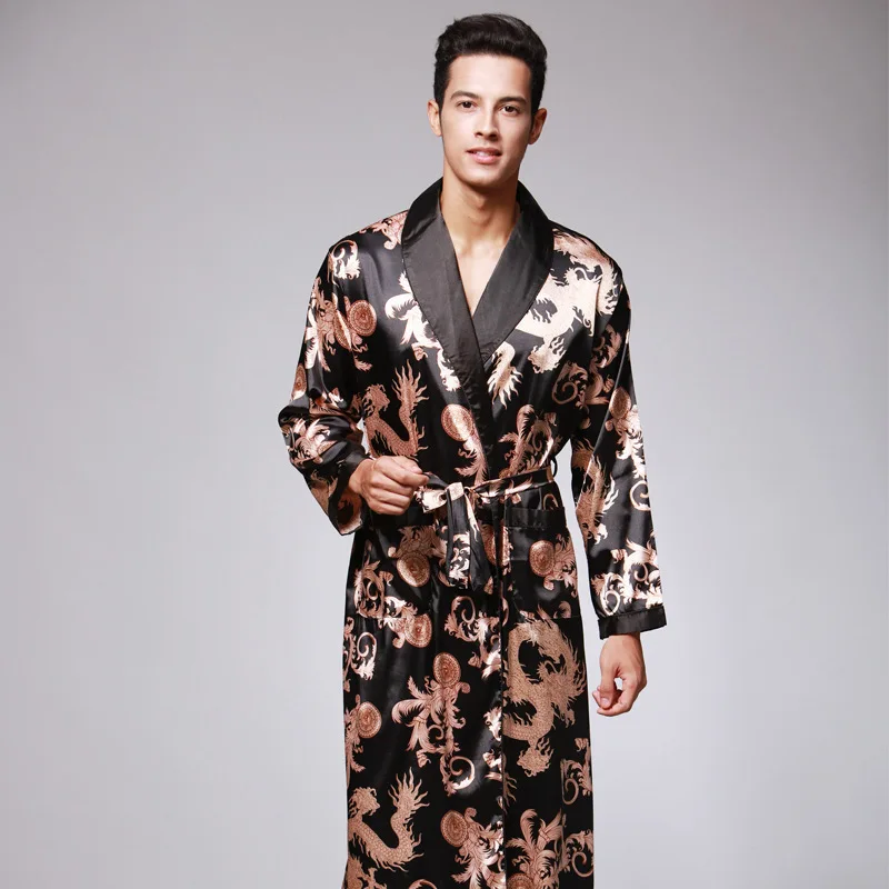 Luxe Soie Satin Robe Hommes Peignoir Chemise De Nuit Homme Kimono