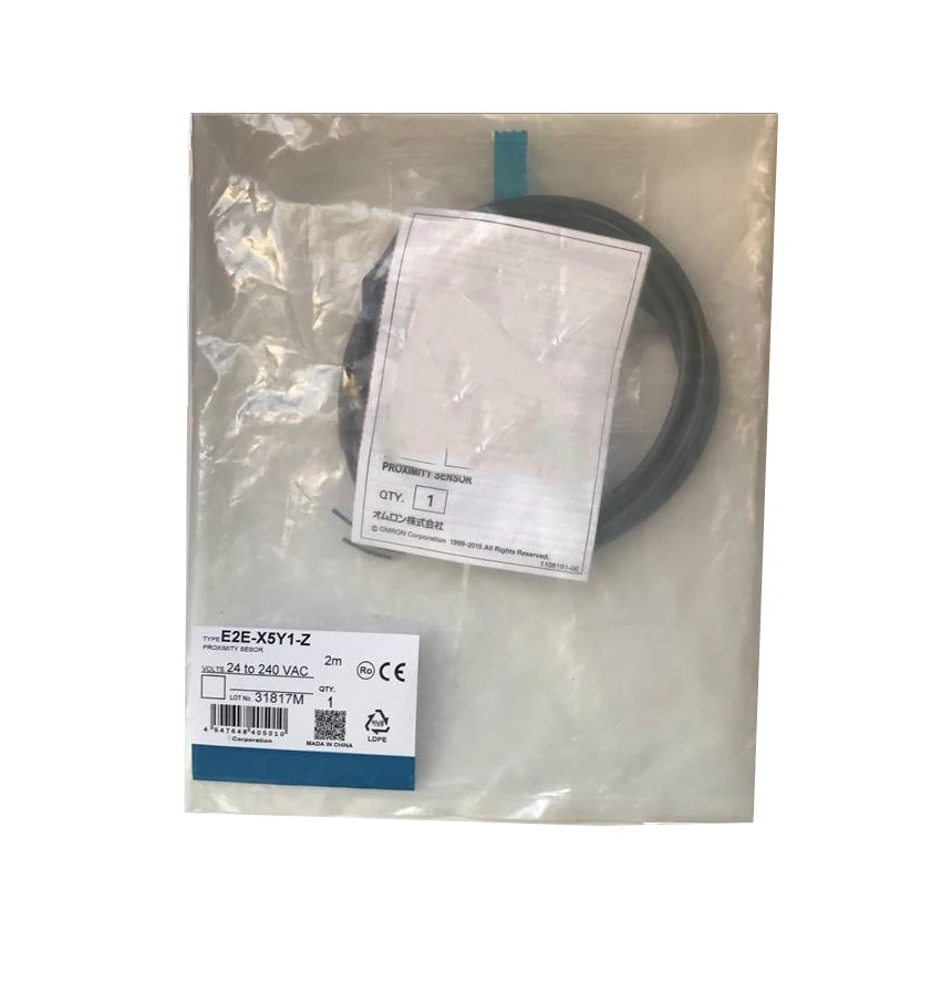 New Original Omron E2E-X5Y1-Z proximity sensor from E2E series. 5mm sensing distance, 2-wire AC/DC output, IP67 protection, 20-250V supply. Used for non-contact position detection in industrial automation, compatible with PLCs, stable performance, durable