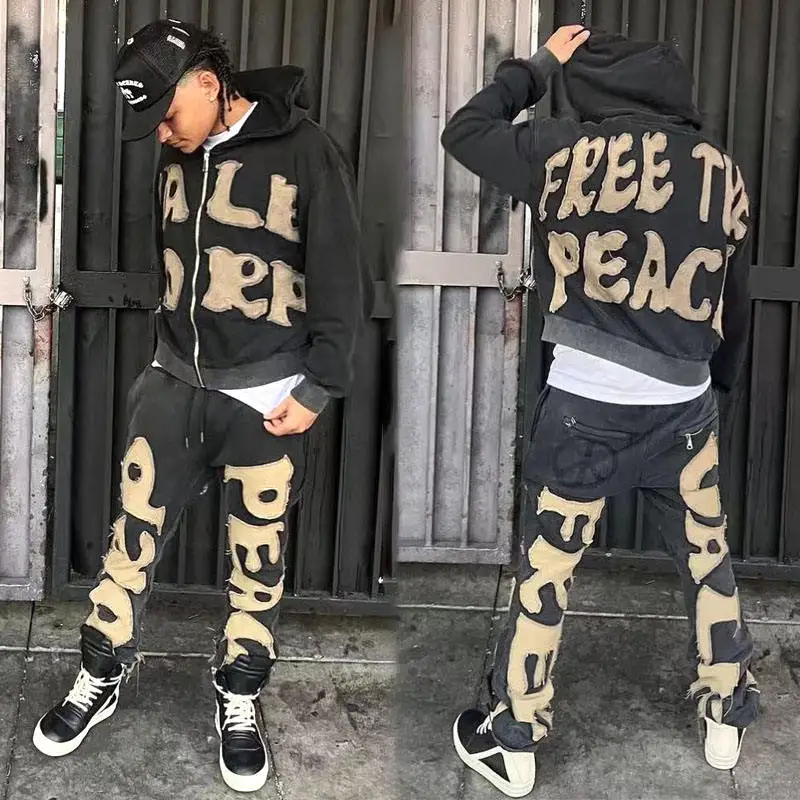 Custom Acid Wash Sweat Suit Cotton French Terry Zip up Tracksuit Applique Zipper Men Sweatpants Hoodie and Jogger Sweat Pant Set gallery 2