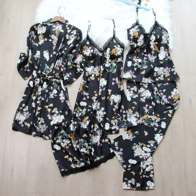 Floral pajamas women's sexy 5pcs ice silk thin nightdress long ladies nightgown