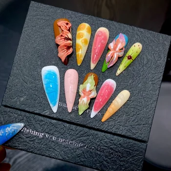 Original Artworks Summer Three-Dimensional Tropical Flowers Nail Art Colorful French Style Artificial Fingernails