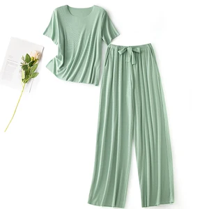 High-end Maternity Pajamas Short-sleeved Wide-leg Long Pants Set, Seamless Pullover Round Neck, Suitable for Outer Wear