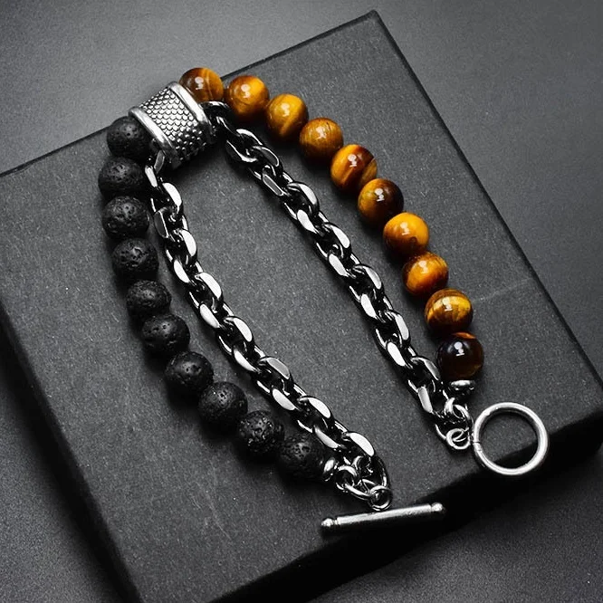 Fashion gem tiger eye stone lava beads black chain bracelets for men