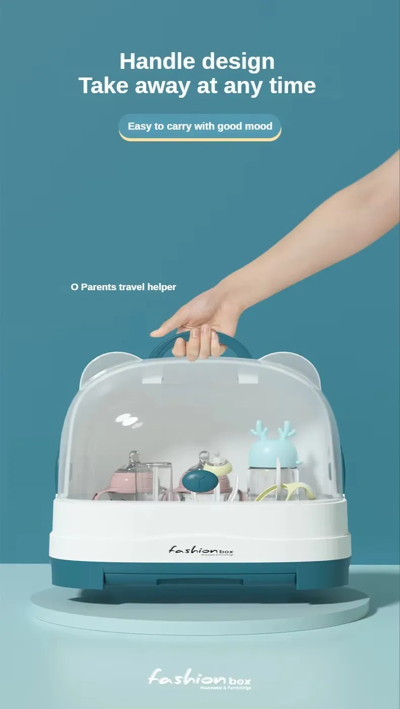 Hot Sale Plastic Baby Bottle Drying Rack Rectangle Shape with Cover and Handle-for Milk Feeding Bottle Storage details