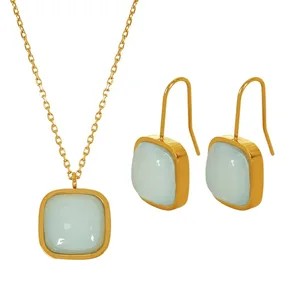 Women's 18K Gold-plated Stainless Steel Geometric Square Resin Pendant Necklace and Earring Set Trendy Gift