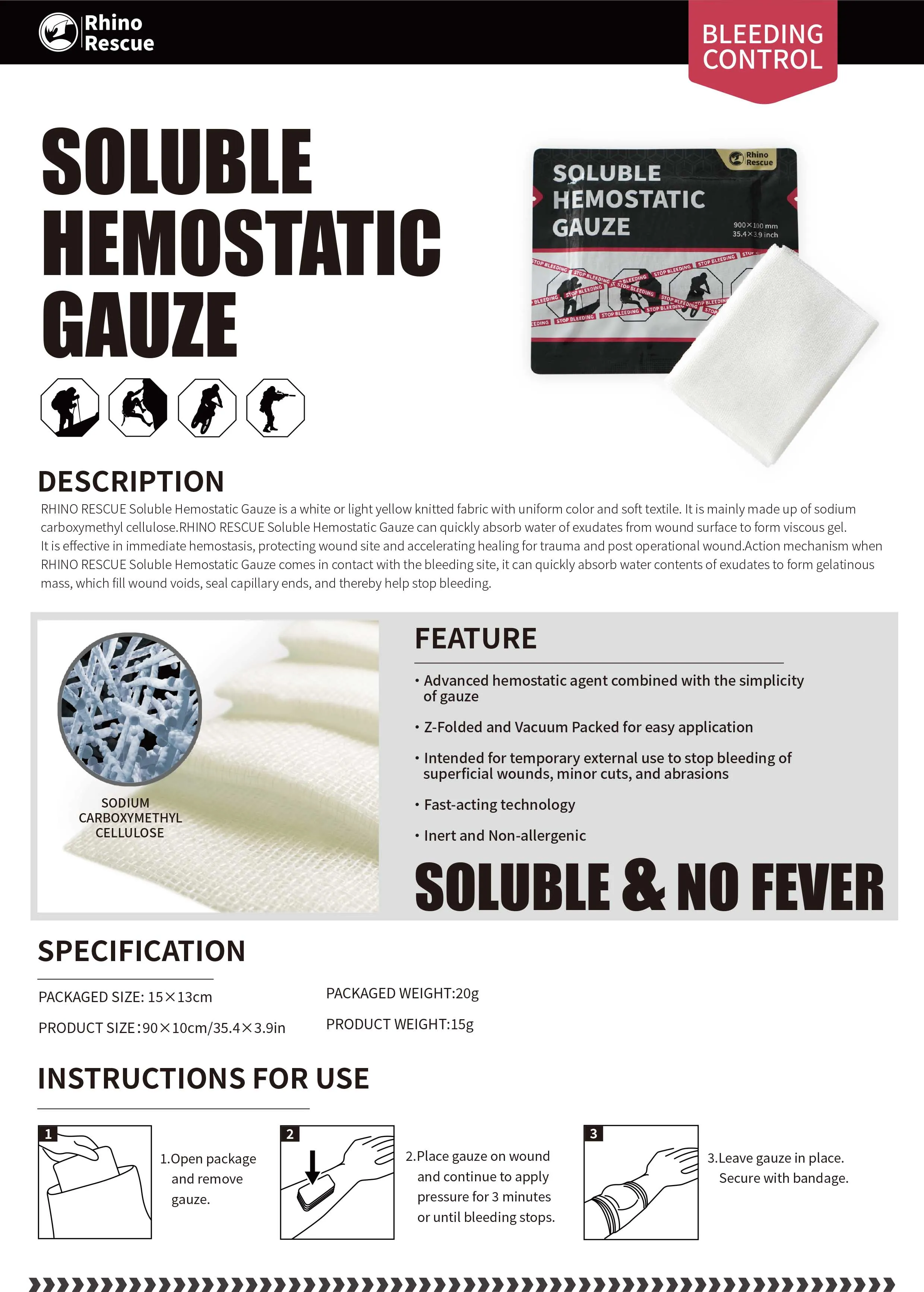 Rhino Rescue Trauma Wound Dressing Combat Gauze Hemostatic Z Fold