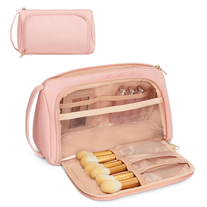 Travel Cosmetic Organizer Pink Toiletry Makeup Brush Bag Water-resistant Portable Sturdy Zipper Make Up Pouch for Women