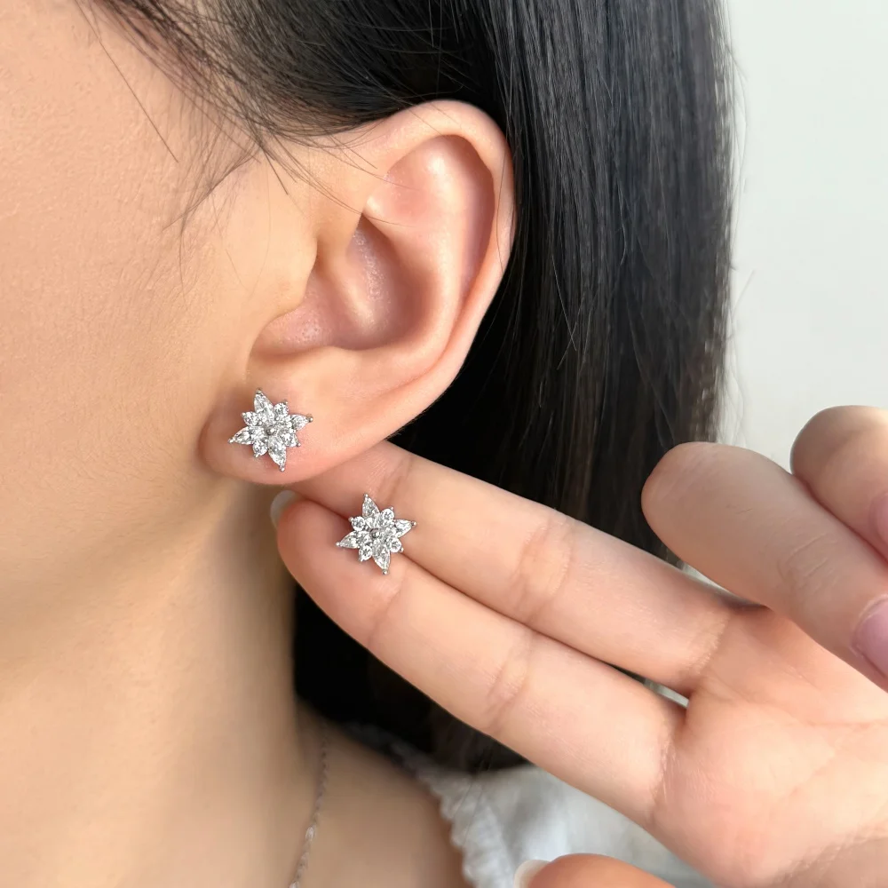 KAKODIY Fashion Fine Rhodium Plated 925 Sterling Silver Unchanged 5A Cubic Zirconia Snowflake Shaped Earrings for Women detail 4