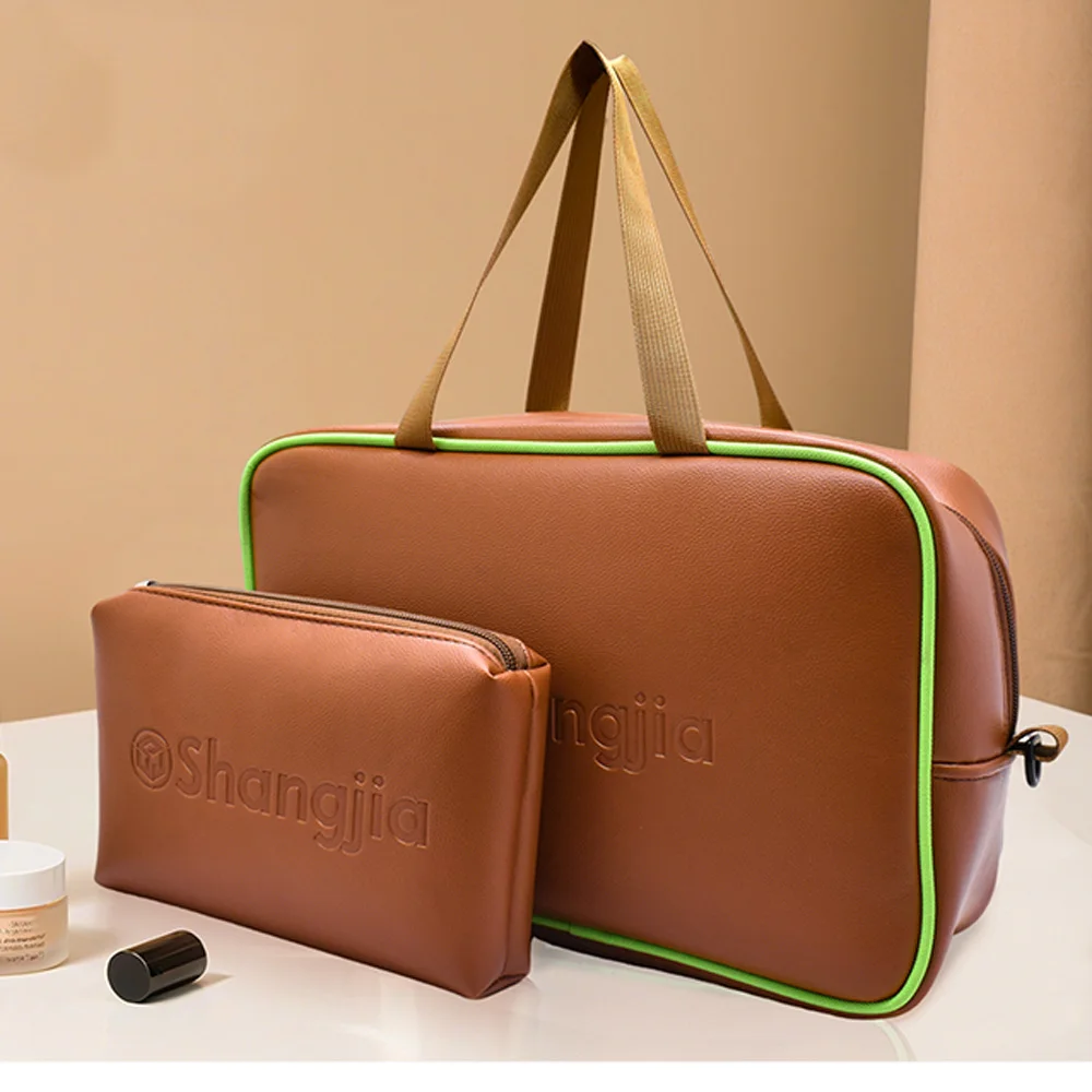 Pu Leather Cosmetic Bag Pvc Transparent Travel Toiletry Wash Pouch Clear Cosmetic Bag