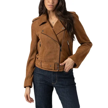 Women's Suede Biker Jacket Lapel Collar Long Sleeve Belted Waist Short Length Casual Fashion Outerwear Autumn Winter Coat