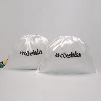 White Satin Drawstring Pouch Reusable Cosmetic Makeup Party Candy Sachet Handbag Shoe Dust Bag Custom Logo Textile Packaging