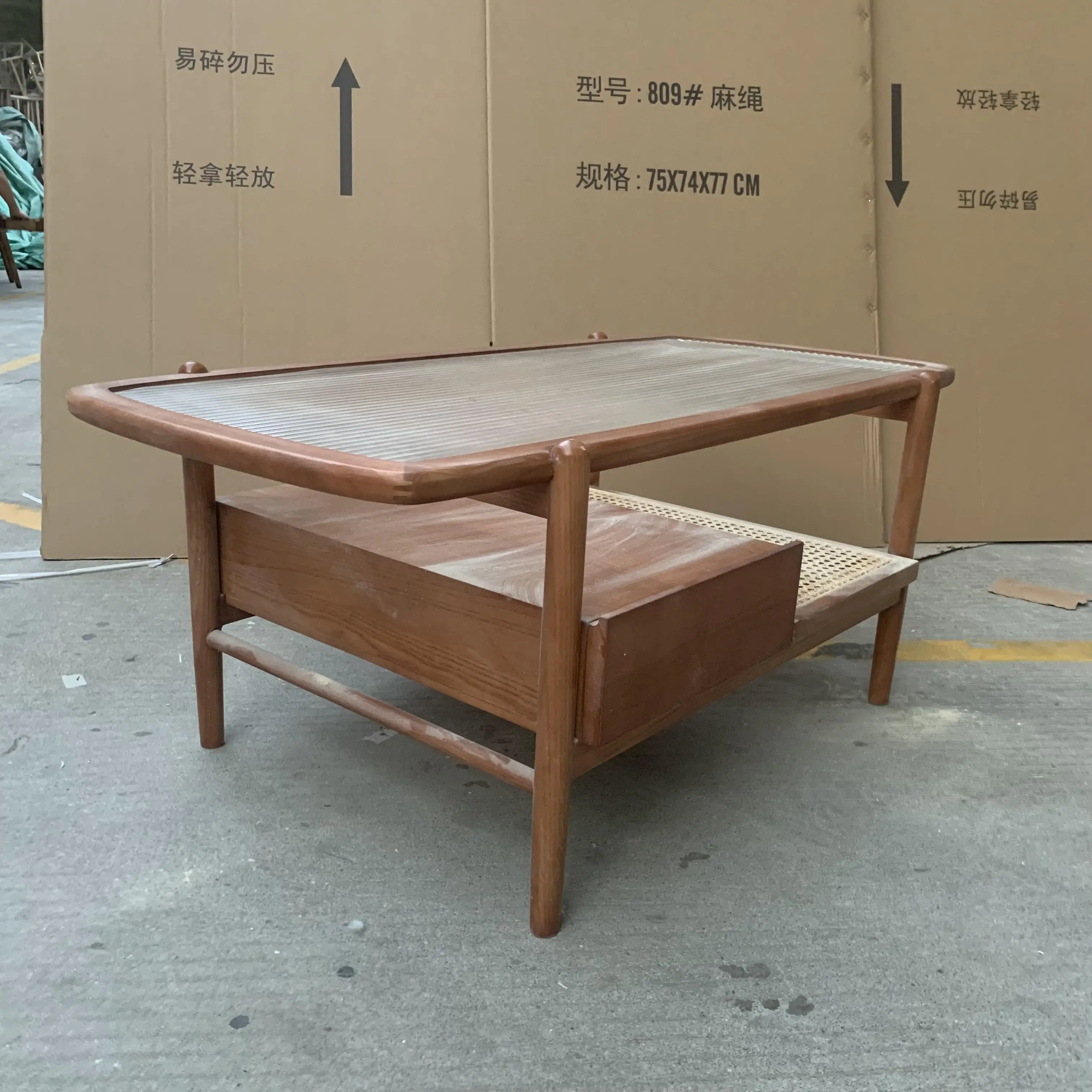Japanese Contracted Style Rectangular Real Wood Cane Makes Sitting Room Glass Coffee Table