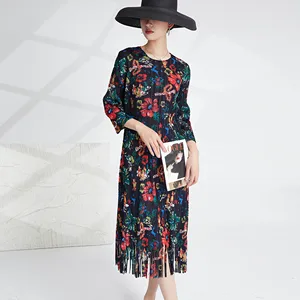 2025 Miyake Latest Floral Pattern Series Pleated Dress Women Fashion Long Sleeve Tassel Print Design Casual Dress