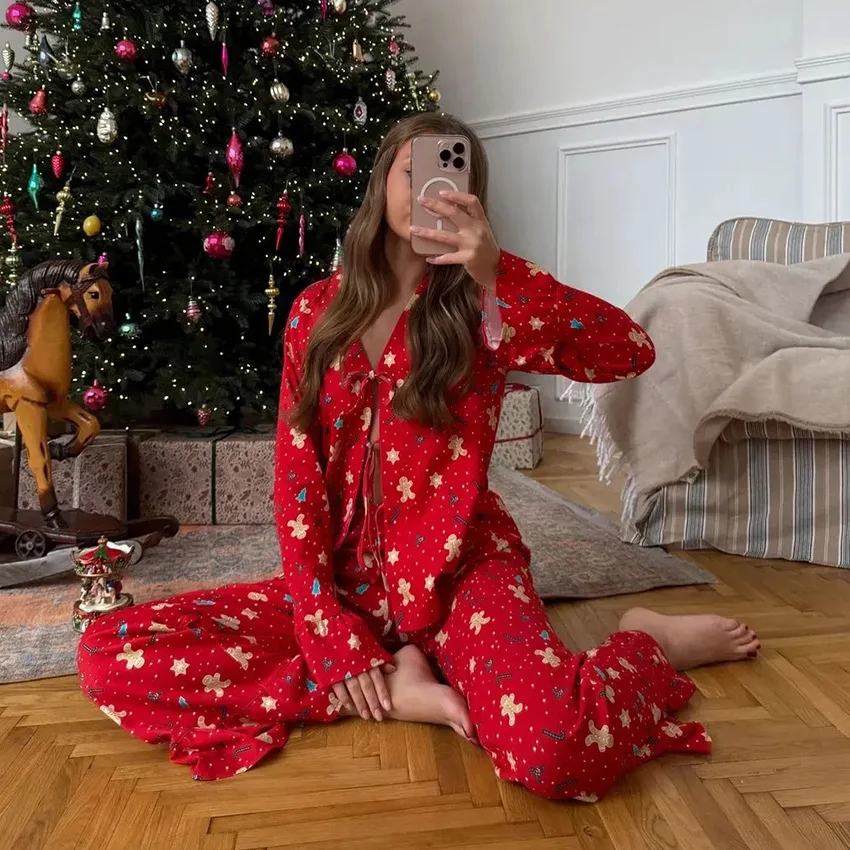Christmas Print Pajama Set Soft Polyester Spandex Lace-Up Long Sleeve Shirt Wide Leg Pants Casual Lounge Sleepwear — detail