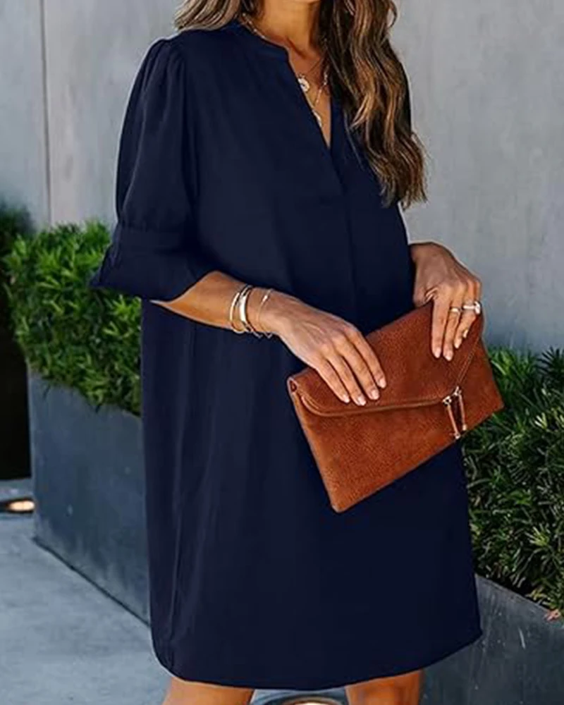 Custom Label Elegant Shift Chiffon Midi Dress For Women Summer Fashion Old Money 3/4 Ruffle Sleeve Straight Simple Tee Dress