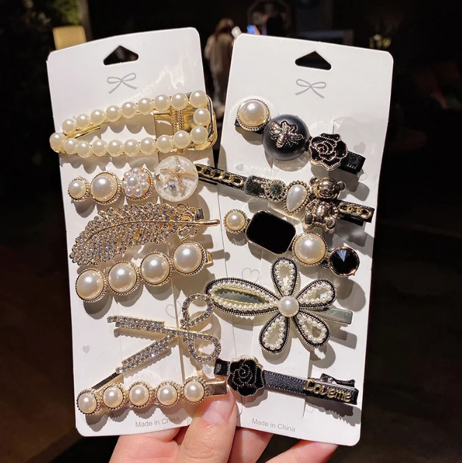 South Korea Dongdaemun 6pcs/set Temperament Side Clip Wild Net Red Pearl Bow Knot Broken Hair Black Bear Hairpin