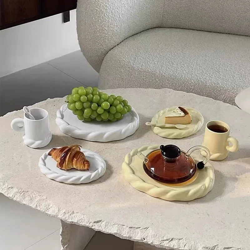 Korean Ins Simple Twist Solid Color Breakfast Milk Ceramic Mug Creative Western Food Fruit Plate Dessert Salad Tableware