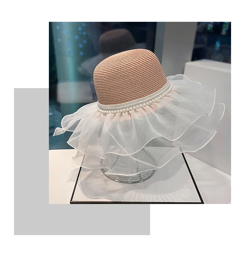 Custom Summer Beach Travel Vacation Straw Hat With Pearl Lace White Gauze Sun protection Sun Hat Straw Hat