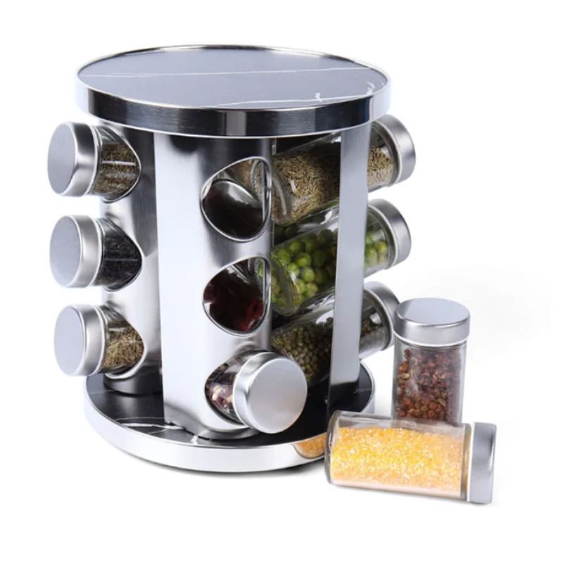 Gold Round Stainless Steel Rotating Spice Rack With 12 Jars For