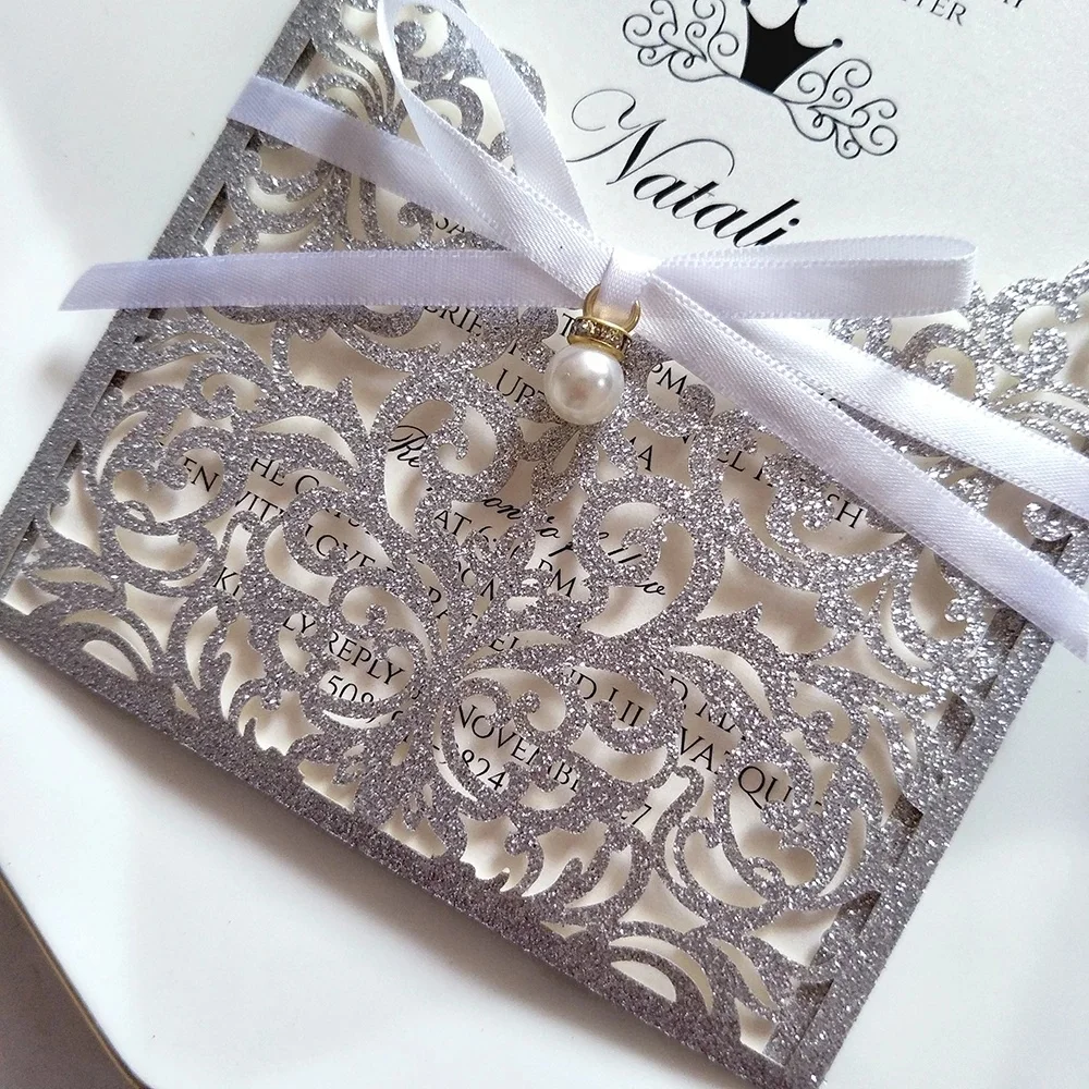 Wholesale Pocket Invitation with Glittery Insert and Rhinestone for Wedding  Silver Purple Gold Greeting Cards, image size:1000x1000