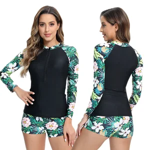 Women's 2026 Long Sleeve Round Neck Floral Prints Tankini Swimwear Floral Bikinis & Beachwear Shorts with Applique Decoration