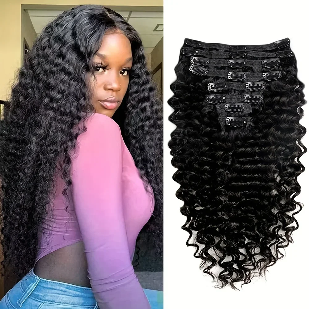 Extensions de cheveux à clips Deep Wave pour femmes, cheveux humains, 8 pièces, 18 clips, 10 à 26 pouces_voghion.com