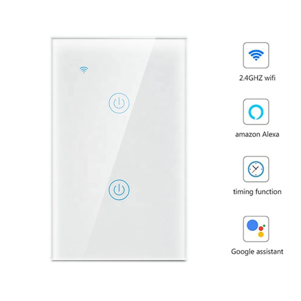 Оптовая продажа Wi-Fi 2 Gang сенсорный переключатель электрических выключателей 220V/2,4 ГГц пульт дистанционного управления Wi-Fi выключатель света Умный дом работает с Alexa google