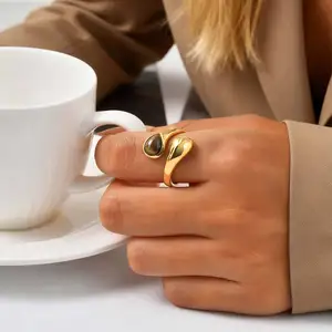 Gold Water Drop Ring Tiger Eye Stone Stainless Steel Hypoallergenic Vintage Jewelry for Women Wholesale