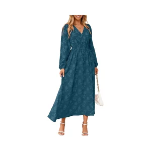 Womens Casual Boho Floral Woven Lace Long Sleeve A-line Maxi Dress V Neck Natural Waist Summer Wedding Guest Pockets Front