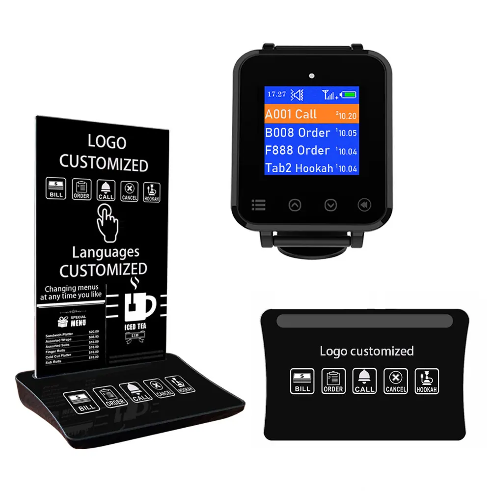 Artom Waiter Call Button with Menu Stand and Different Texts in Other Languages Wireless Calling System Service Caller