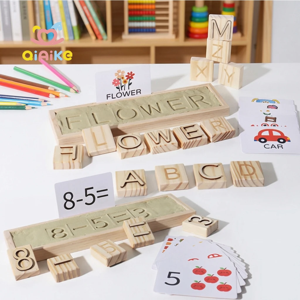 Mainan Cetak Pasir Huruf, Kata, dan Angka Kayu Montessori Qiaike untuk Pendidikan Awal Anak Usia 3–6 Tahun CPC