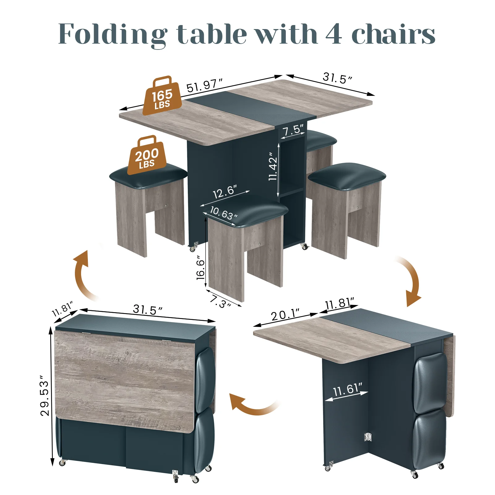 Multi-Functional Wooden Table Top Foldable Dining Table and Chair Set for  Home Apartment Folding Luxury Dining Table Set Chair