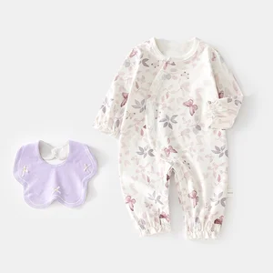Spring Autumn Baby Item New Baby Clothes 100% Cotton Knitted Jumpsuit Floral Pattern Casual Baby Romper with Bibs Button Closure