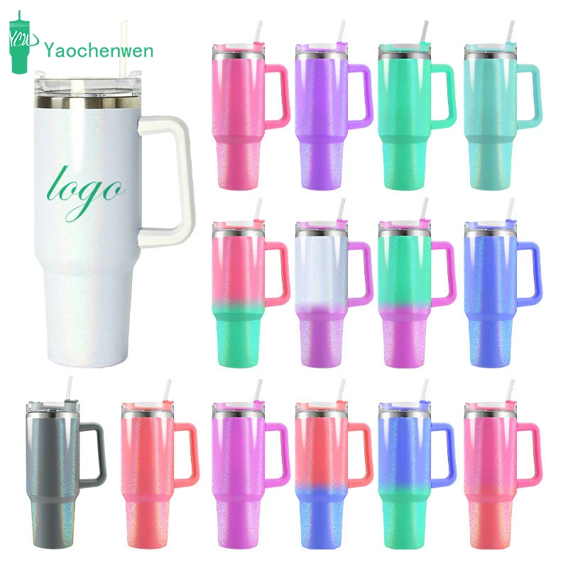 Blanks Bling Tumbler Sublimation Color Changing Cup 40oz Tumbler Stainless Steel Ombre Shimmer Tumbler With Handle and Straw