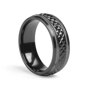 Never Fade Contemporary Wedding Band for Men Black Zirconium Ring with Checkered Design Mens Ring Jewelry