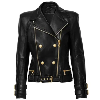 Qualified turn down collar blazer motorcycle leather jackets for women