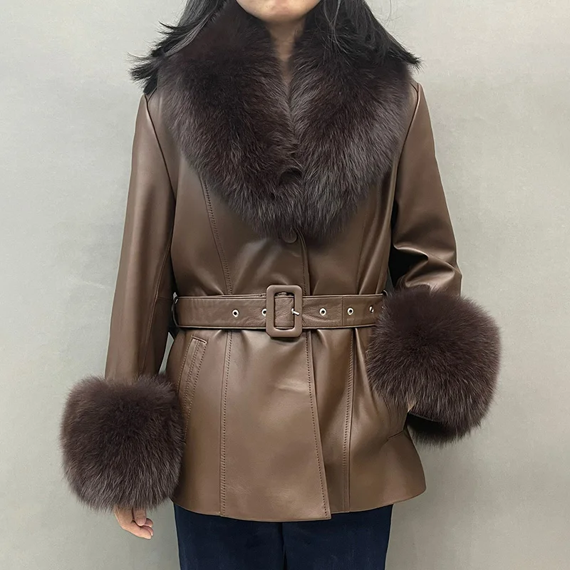 Fox Fur Collar Leather Coat – Black