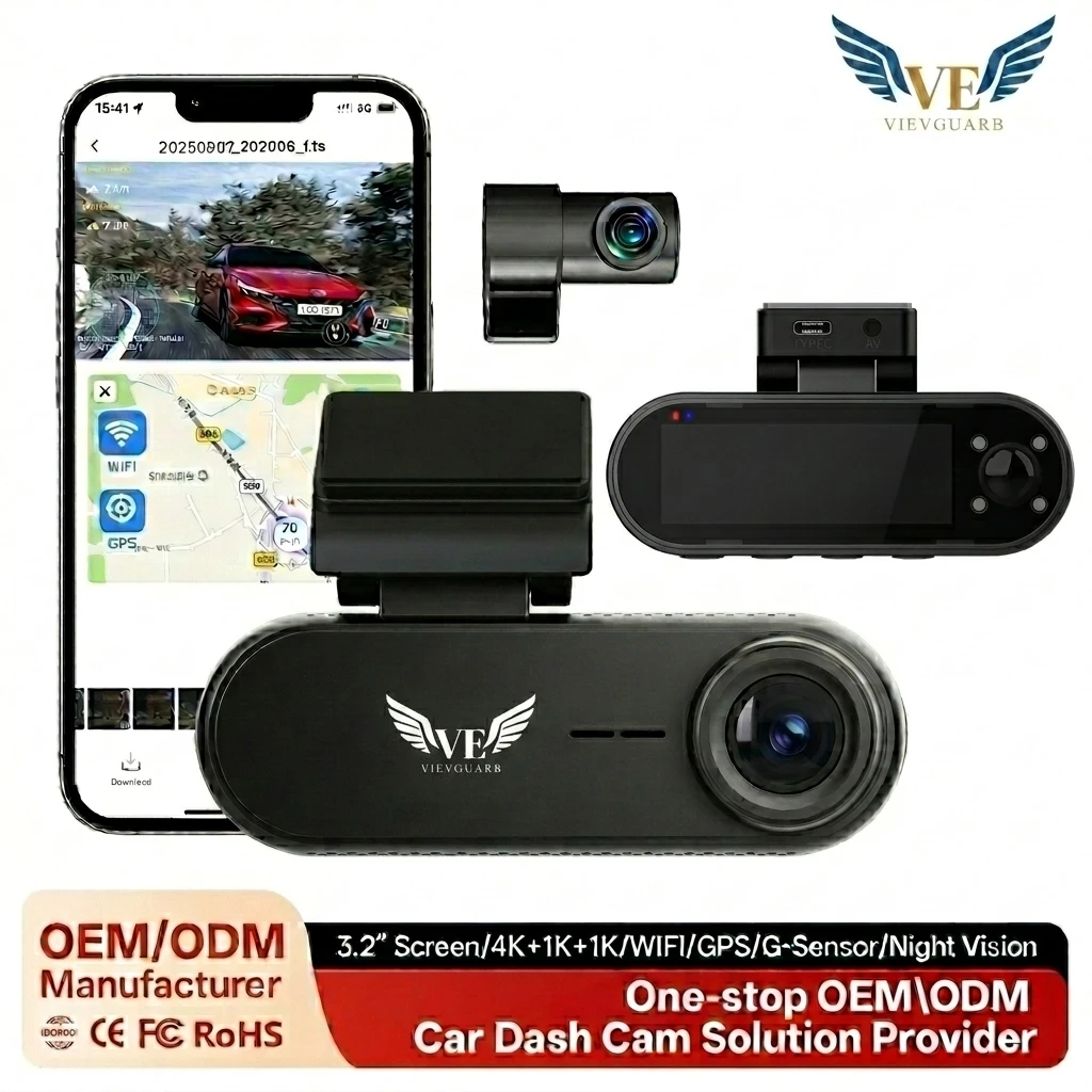 Vievguarb 3 Channel 4K Front 1080P Cabin Rear Car Dash Camera WiFi GPS Night Vision Loop Recording Parking Monitor