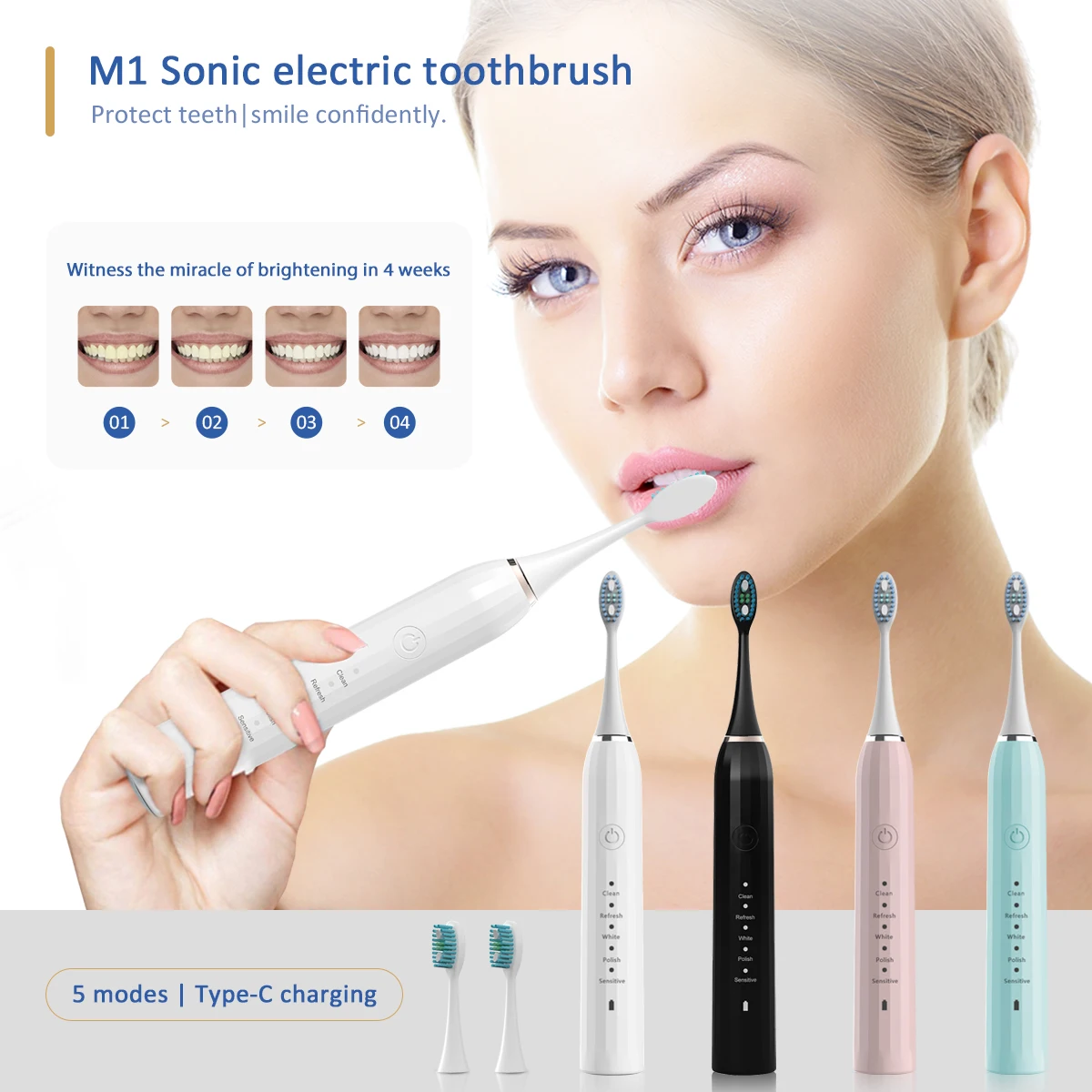 M1 Oem Waterproof 5 Modes Typec Usb Rechargeable Oral Care Soft Teeth