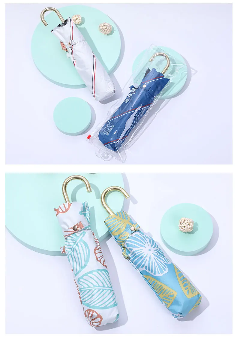 Printing 6k Three Folding Pocket Rain Ladies Sun Umbrellas Semi-Automatic J Shape Handle Umbrella